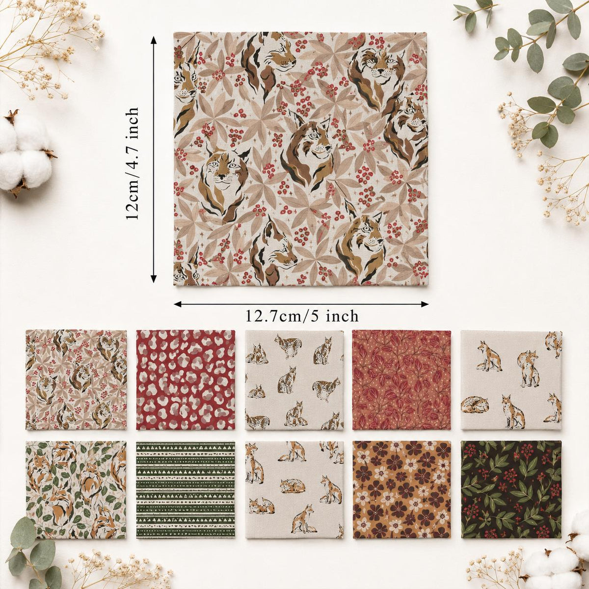10Pc/Set Christmas Series Stripe Flower Deer Fox Tiger Fat Quarter Fabric, Pre-Cut Square Fabric Assort, Fabric Set, Craft Fabric, Handmade DIY Patchwork Fabric,Home Quilting Sewing Fabric, Packaging Fabric, Scrapbooking Craft Hobbyist