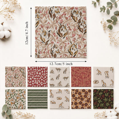 10Pc/Set Christmas Series Stripe Flower Deer Fox Tiger Fat Quarter Fabric, Pre-Cut Square Fabric Assort, Fabric Set, Craft Fabric, Handmade DIY Patchwork Fabric,Home Quilting Sewing Fabric, Packaging Fabric, Scrapbooking Craft Hobbyist