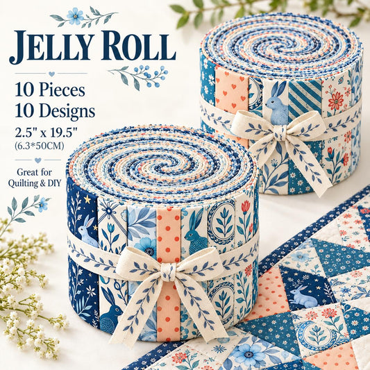 10pcs Vintage Blue Rabbit Floral Theme Jelly Roll Fabric Strips 2.5X19.7inch Pre-Cut 100% Polyester For Patchwork Quilts, Table Runners, Placemats, Tote Bags, Storage Pouches, Makeup Bags, Coasters, Quilt Blocks & Binding