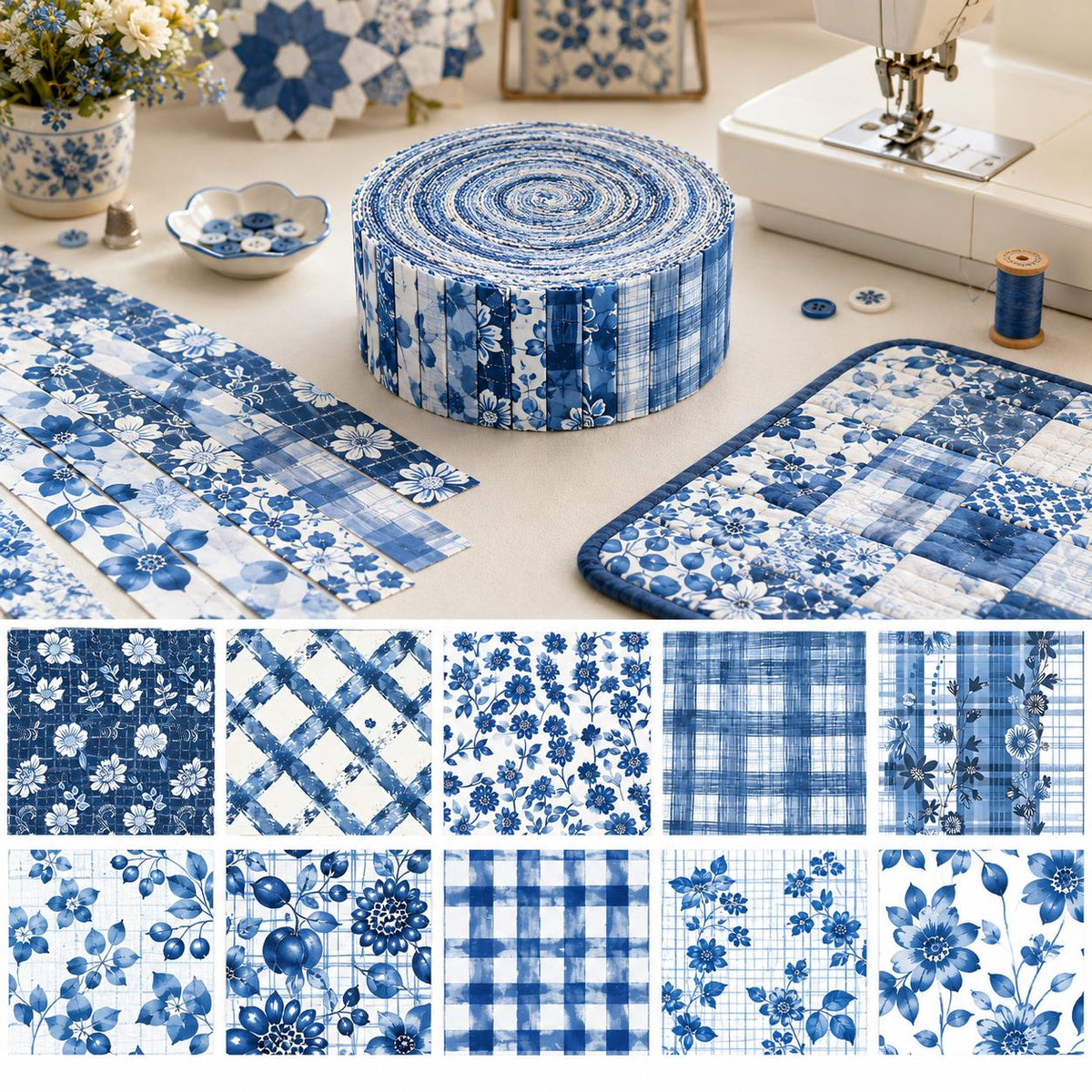 10pcs Vintage Floral Plaid Blue Pattern Jelly Roll Fabric Strips 2.5X19.7inch Pre-cut 100% Polyester for Patchwork Quilts, Table Runners, Placemats, Tote Bags, Storage Pouches, Makeup Bags, Coasters, Quilt Blocks & Binding Multi-color