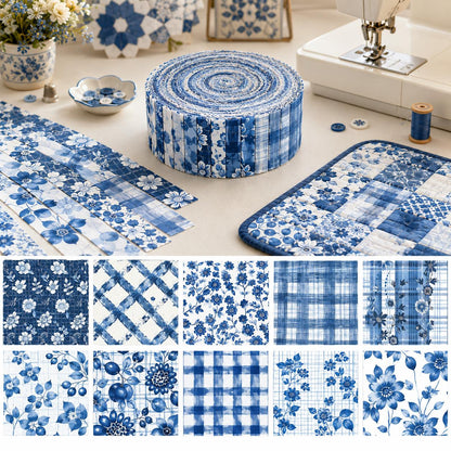 10pcs Vintage Floral Plaid Blue Pattern Jelly Roll Fabric Strips 2.5X19.7inch Pre-cut 100% Polyester for Patchwork Quilts, Table Runners, Placemats, Tote Bags, Storage Pouches, Makeup Bags, Coasters, Quilt Blocks & Binding Multi-color