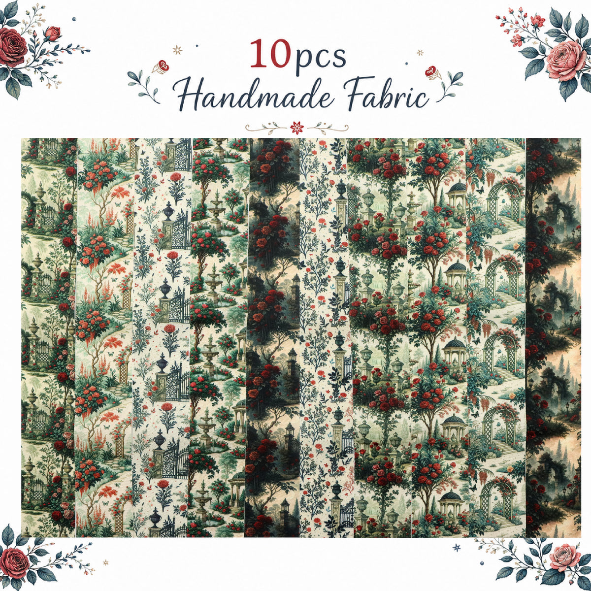 10pcs Vintage Floral Door Pavilion Pattern Jelly Roll Fabric Strips 2.5X19.7inch Pre-Cut 100% Polyester For Patchwork Quilts, Table Runners, Placemats, Tote Bags, Storage Pouches, Makeup Bags, Coasters, Quilt Blocks & Binding