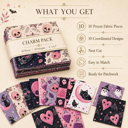 10pcs Charm Pack Set  Bat Ghost Skull Halloween Vintage Style Pattern Handmade DIY with Rich Color and Texture Elements 100% Polyester Patchwork in 10 Design Styles Suitable for Patchwork DIY Craft Projects DIY Wallet Making Gift Giving Bag Making