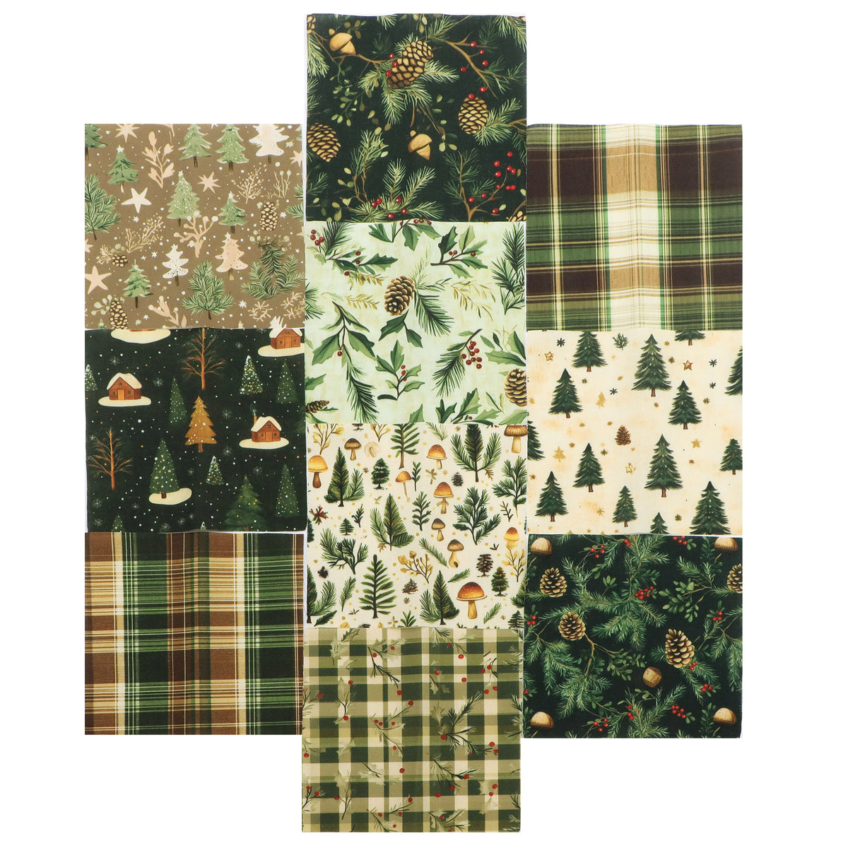 10Pc/set Christmas Series plaid tree mushroom Holly Pinecones Fat Quarter Fabric, Pre-Cut Square Fabric Assort, Fabric Set, Craft Fabric, Handmade DIY Patchwork Fabric,Home Quilting Sewing Fabric, Packaging Fabric, Scrapbooking Craft Hobbyist