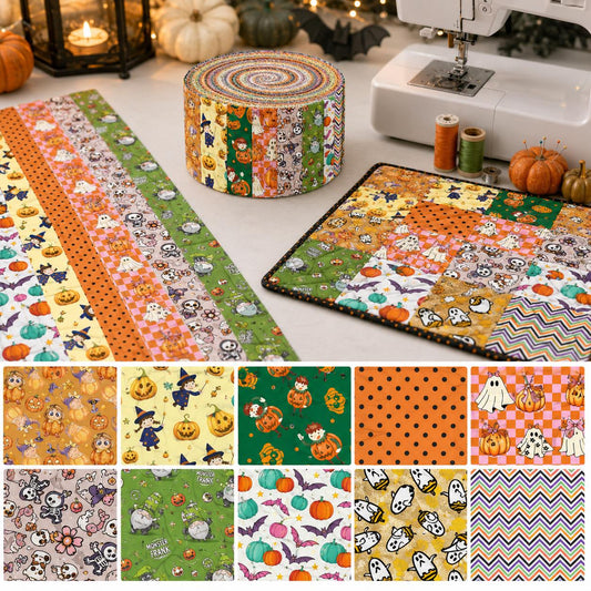 10pcs Vintage Pumpkin Ghost Halloween Theme Jelly Roll Fabric Strips 2.5X19.7inch Pre-Cut 100% Cotton For Patchwork Quilts, Table Runners, Placemats, Tote Bags, Storage Pouches, Makeup Bags, Coasters, Quilt Blocks & Binding