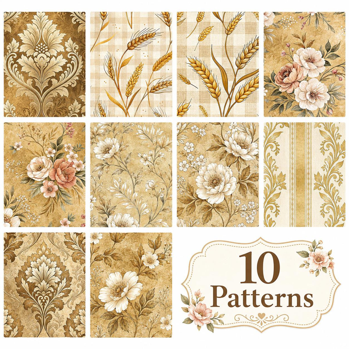 10pcs Vintage Floral Ear Of Wheat Autumn Pattern Jelly Roll Fabric Strips 2.5X19.7inch Pre-Cut 100% Polyester For Patchwork Quilts, Table Runners, Placemats, Tote Bags, Storage Pouches, Makeup Bags, Coasters, Quilt Blocks & Binding