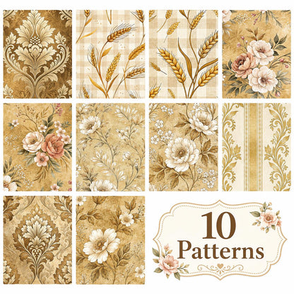 10pcs Vintage Floral Ear Of Wheat Autumn Pattern Jelly Roll Fabric Strips 2.5X19.7inch Pre-Cut 100% Polyester For Patchwork Quilts, Table Runners, Placemats, Tote Bags, Storage Pouches, Makeup Bags, Coasters, Quilt Blocks & Binding