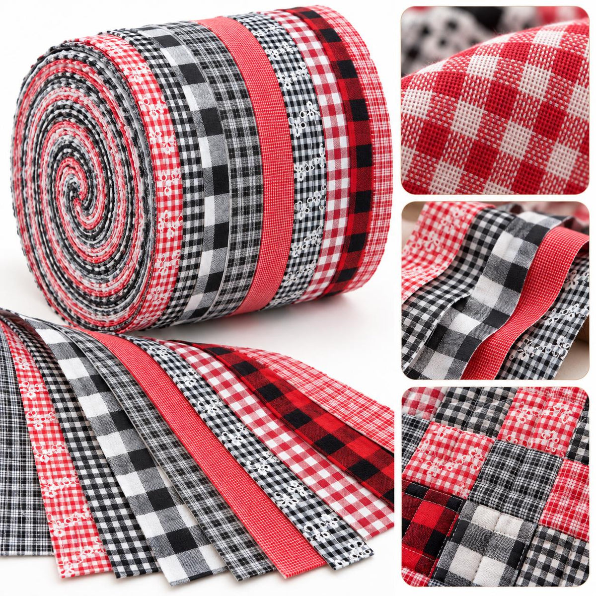 10pcs Vintage Plaid Red & Black Pattern Jelly Roll Fabric Strips 2.5X19.7inch Pre-Cut 100% Polyester For Patchwork Quilts, Table Runners, Placemats, Tote Bags, Storage Pouches, Makeup Bags, Coasters, Quilt Blocks & Binding