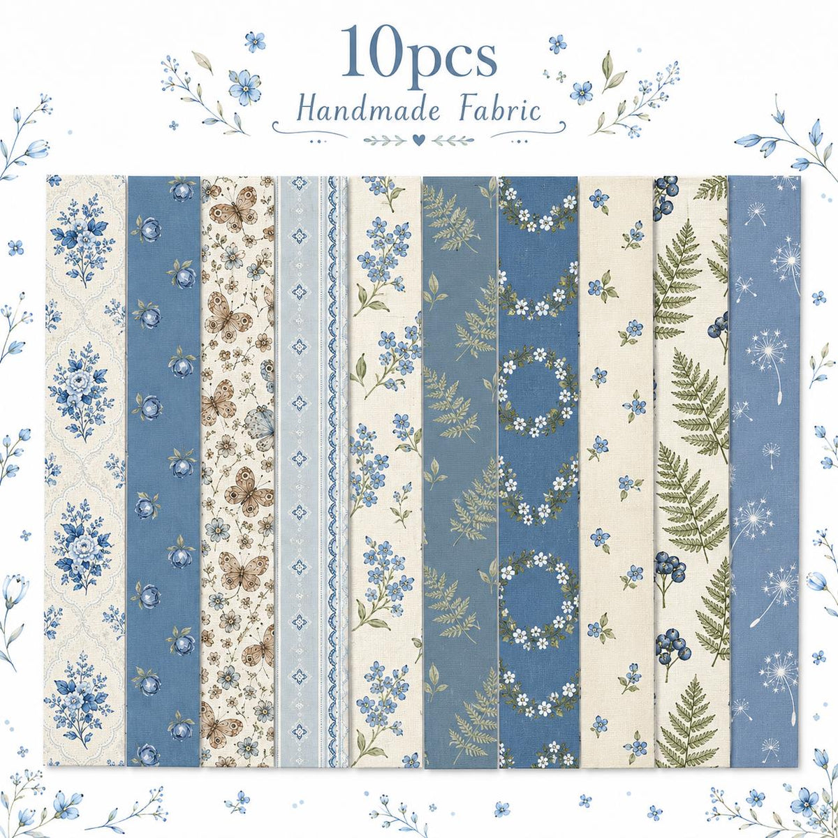 10pcs Vintage Floral Blue & White Pattern Purple Jelly Roll Fabric Strips 2.5X19.7inch Pre-cut 100% Polyester for Patchwork Quilts, Table Runners, Placemats, Tote Bags, Storage Pouches, Makeup Bags, Coasters, Quilt Blocks & Binding