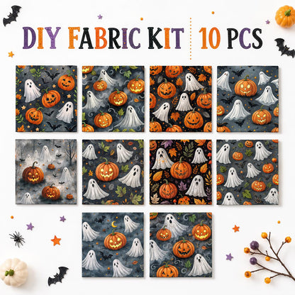 10pcs Charm Pack Set Ghost Pumpkin Halloween Vintage Style Pattern Handmade DIY with Rich Color and Texture Elements 100% Polyester Patchwork in 10 Design Styles Suitable for Patchwork DIY Craft Projects DIY Wallet Making Gift Giving Bag Making