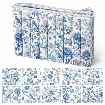 10pcs Vintage Blue Floral Pattern Jelly Roll Fabric Strips 2.5X19.7inch Pre-Cut 100% Polyester For Patchwork Quilts, Table Runners, Placemats, Tote Bags, Storage Pouches, Makeup Bags, Coasters, Quilt Blocks & Binding