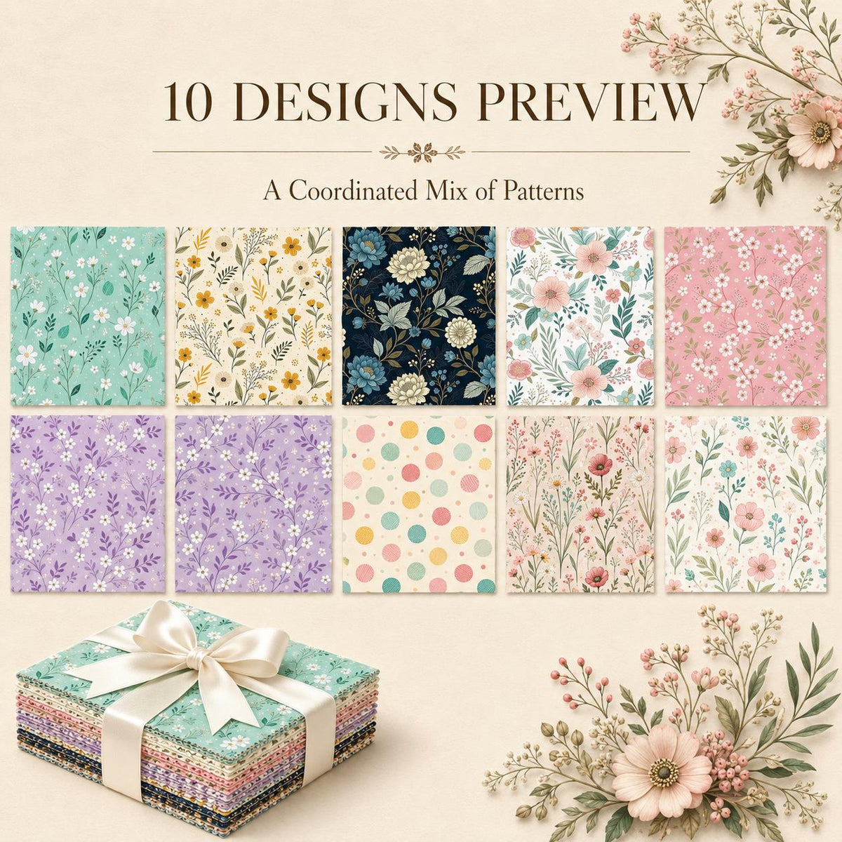 10pcs Charm Pack Set Floral Pattern Vintage Style Handmade DIY with Rich Color and Texture Elements 100% Polyester Patchwork in 10 Design Styles Suitable for Patchwork DIY Craft Projects DIY Wallet Making Gift Giving Bag Making Mother's Day Gift