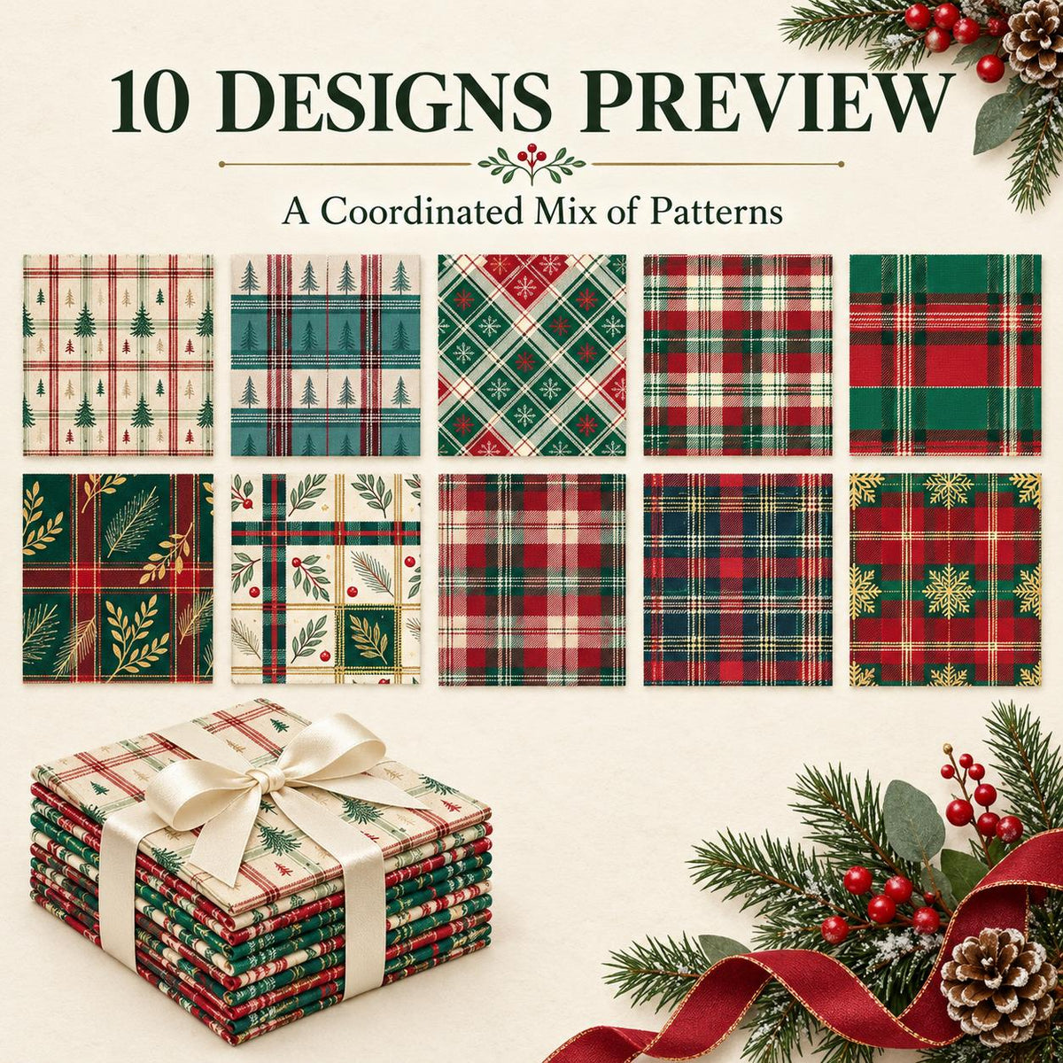 10Pc/Set Christmas Series Plaid Tree Rhombus Fat Quarter Fabric, Pre-Cut Square Fabric Assort, Fabric Set, Craft Fabric, Handmade DIY Patchwork Fabric,Home Quilting Sewing Fabric, Packaging Fabric, Scrapbooking Craft Hobbyist