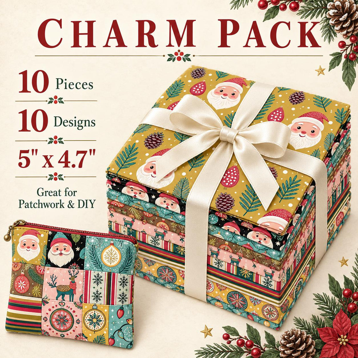 10Pc/Set Christmas Series Stripe Deer Santa Claus Tree Pinecones Fat Quarter Fabric, Pre-Cut Square Fabric Assort, Fabric Set, Craft Fabric, Handmade DIY Patchwork Fabric,Home Quilting Sewing Fabric, Packaging Fabric, Scrapbooking Craft Hobbyist