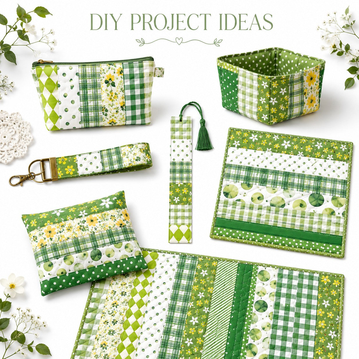 10Pc/Set, Making 10 Images 1pc Each, Each Size: 6.3*50cm Geometric Floral Green Series Sliced Fabric Set Style Combination, Polyester Jelly Roll Fabric Strips, Pre-Cut Quilting Squares, For Quilting DIY, Handicrafts And Sewing, Blankets, Rugs