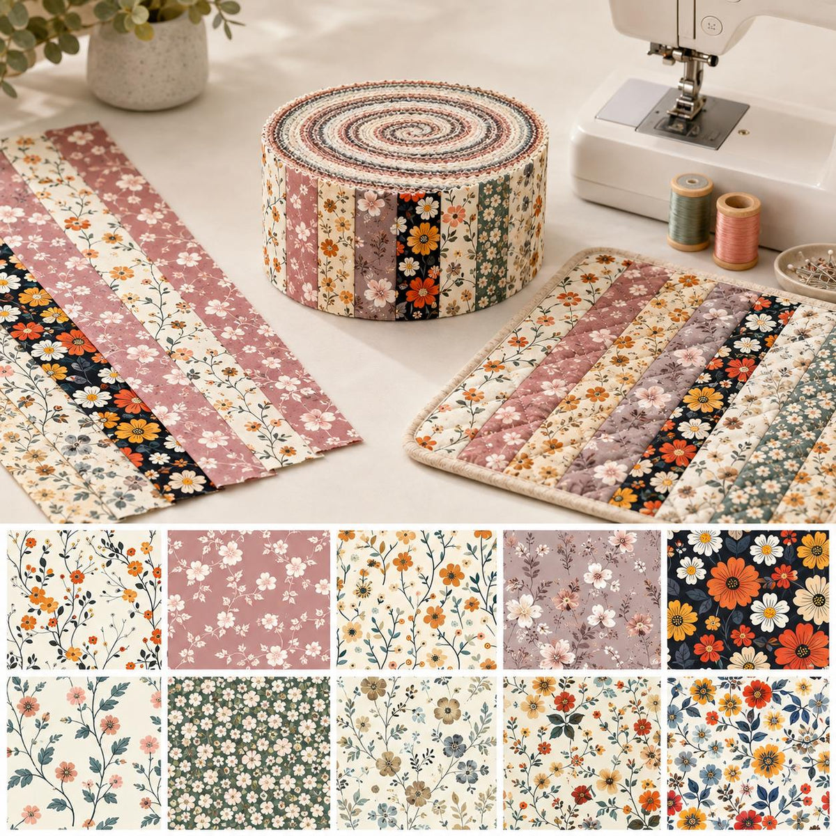 10pcs Vintage Floral Pattern Jelly Roll Fabric Strips 2.5X19.7inch Pre-Cut 100% Polyester For Patchwork Quilts, Table Runners, Placemats, Tote Bags, Storage Pouches, Makeup Bags, Coasters, Quilt Blocks & Binding