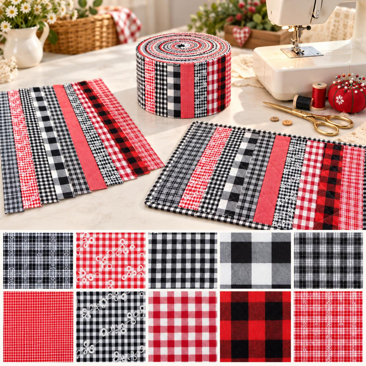 10pcs Vintage Plaid Red & Black Pattern Jelly Roll Fabric Strips 2.5X19.7inch Pre-Cut 100% Polyester For Patchwork Quilts, Table Runners, Placemats, Tote Bags, Storage Pouches, Makeup Bags, Coasters, Quilt Blocks & Binding