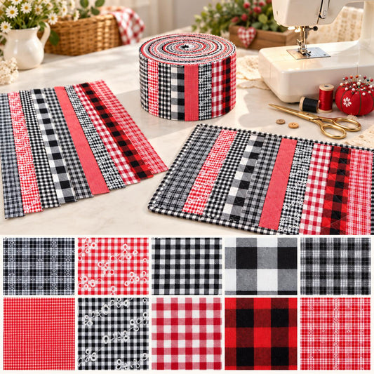 10pcs Vintage Plaid Red & Black Pattern Jelly Roll Fabric Strips 2.5X19.7inch Pre-Cut 100% Polyester For Patchwork Quilts, Table Runners, Placemats, Tote Bags, Storage Pouches, Makeup Bags, Coasters, Quilt Blocks & Binding