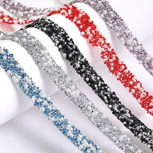 1Yard Self-Adhesive Faux Pearl Rhinestone Ribbon Roll,1.2cm Width Iron On Decorative Trim Tape,for Clothing, Bags, Hats, Shoes, Glue, Drill, Handmade DIY Arts, Crafts & Sewing Accessories