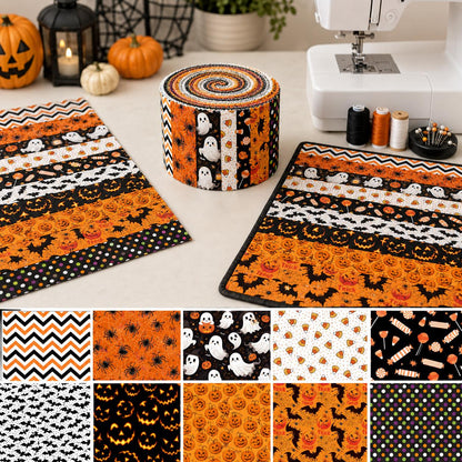10Pc/Set, Making 10 Images 1pc Each, Each Size: 6.3*50cm Candy Pumpkin Bat Ghost Halloween Series Sliced Fabric Set Style Combination, Polyester Jelly Roll Fabric Strips, Pre-Cut Quilting Squares, For Quilting DIY, Handicrafts And Sewing, Blankets, Rugs