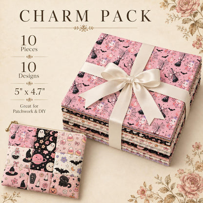 10Pc/Set Halloween Series Flower Bowknot Skull Pumpkin Cat Candy Cherry Mushroom Bat Rose Fat Quarter Fabric, Pre-Cut Square Fabric Assort, Fabric Set, Craft Fabric, Handmade DIY Patchwork Fabric,Home Quilting Sewing Fabric, Packaging Fabric, Scrapbooking