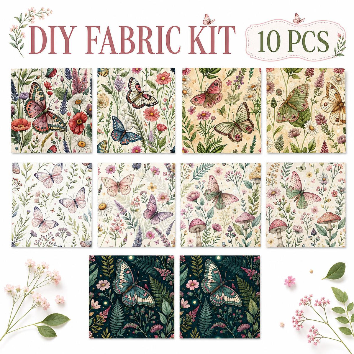 10pcs Charm Pack Set Floral Butterfly Pattern Vintage Style Handmade DIY with Rich Color and Texture Elements 100% Polyester Patchwork in 10 Design Styles Suitable for Patchwork DIY Craft Projects DIY Wallet Making Gift Giving Bag Making Mother's Day Gift