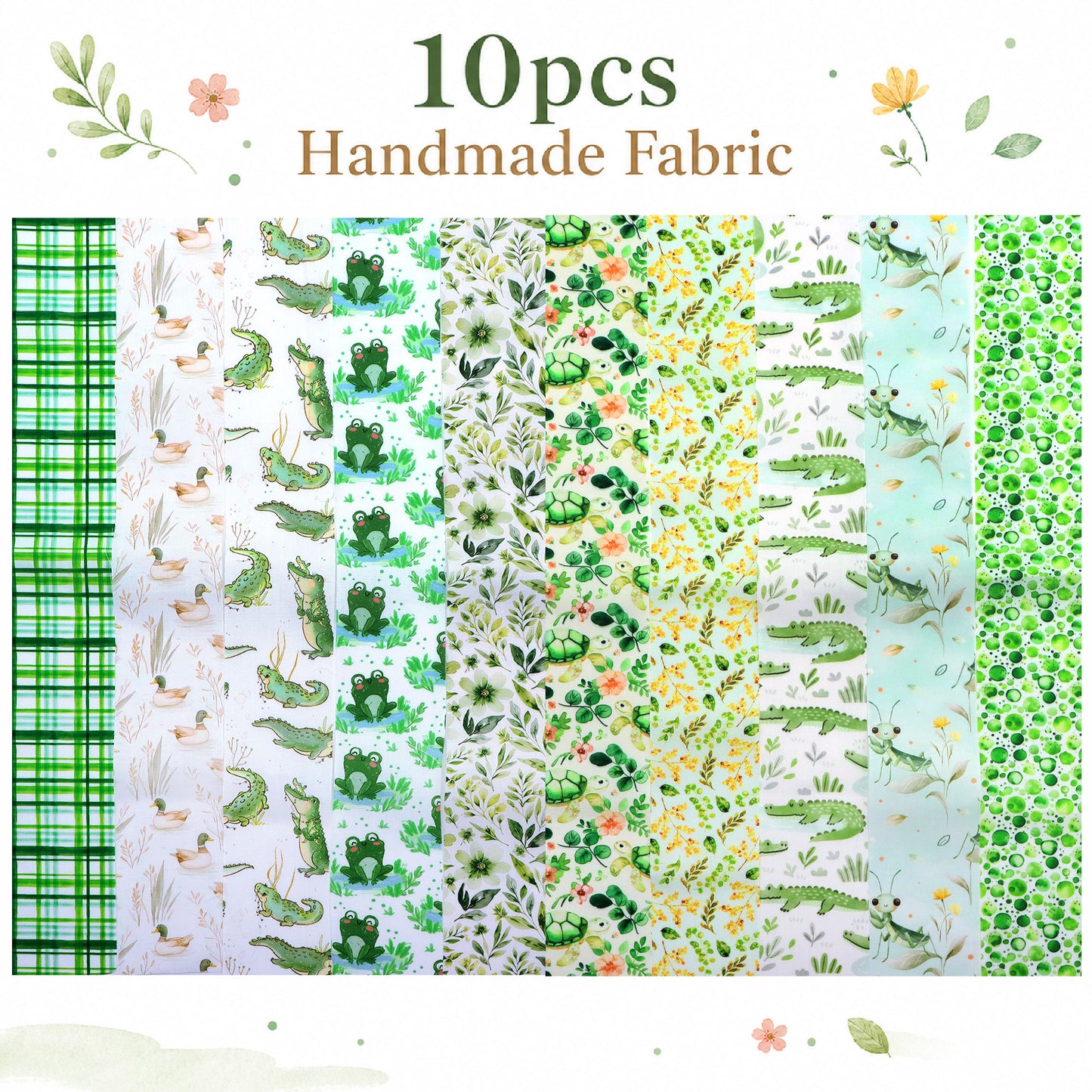 10Pc/Set, Making 10 Images 1pc Each, Each Size: 6.3*50cm Animal Frog Green Series Sliced Fabric Set Style Combination, Polyester Jelly Roll Fabric Strips, Pre-Cut Quilting Squares, For Quilting DIY, Handicrafts And Sewing, Blankets, Rugs