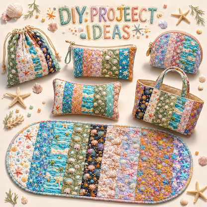 10Pc/Set, Making 10 Images 1pc Each, Each Size: 6.3*50cm 2D Flat Starfish Shell Pearl Sea Series Sliced Fabric Set Style Combination, Polyester Jelly Roll Fabric Strips, Pre-Cut Quilting Squares, For Quilting DIY, Handicrafts And Sewing, Blankets, Rugs