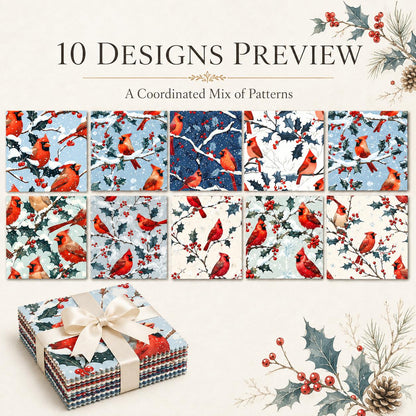 10Pc/Set Christmas Series Northern Cardinal Holly Fat Quarter Fabric, Pre-Cut Square Fabric Assort, Fabric Set, Craft Fabric, Handmade DIY Patchwork Fabric,Home Quilting Sewing Fabric, Packaging Fabric, Scrapbooking Craft Hobbyist