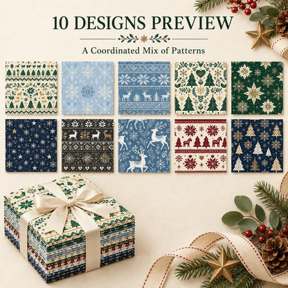 10Pc/Set Christmas Series Stripe Heart Star Bird Deer Horse Tree Pinecones Fat Quarter Fabric, Pre-Cut Square Fabric Assort, Fabric Set, Craft Fabric, Handmade DIY Patchwork Fabric,Home Quilting Sewing Fabric, Packaging Fabric, Scrapbooking Craft Hobbyist