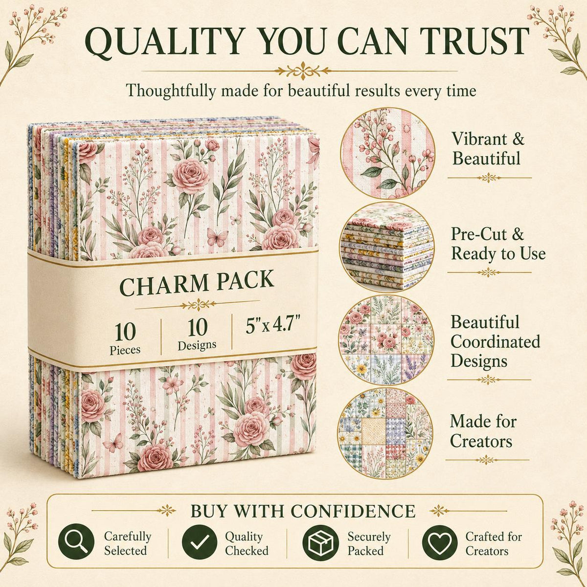 10pcs Charm Pack Set Floral Pattern 100% Polyester Patchwork in 10 Design Styles, Ready-to-Sew Without Cutting, Suitable For Patchwork Wallet Making Gift Giving Tote Bags Coasters DIY Craft Projects