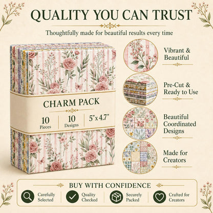10pcs Charm Pack Set Floral Pattern 100% Polyester Patchwork in 10 Design Styles, Ready-to-Sew Without Cutting, Suitable For Patchwork Wallet Making Gift Giving Tote Bags Coasters DIY Craft Projects