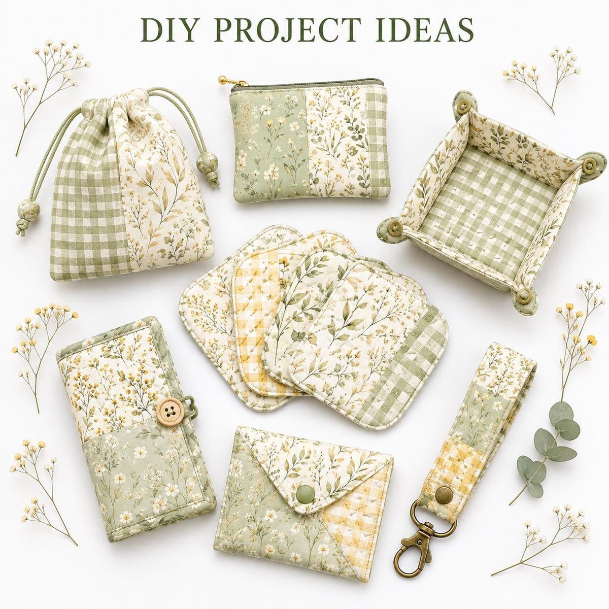 10pcs Charm Pack Set Green Floral Pattern 100% Polyester Patchwork in 10 Design Styles, Ready-to-Sew Without Cutting, Suitable For Patchwork Wallet Making Gift Giving Tote Bags Coasters DIY Craft Projects