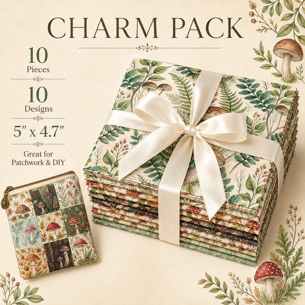 10pcs Charm Pack Set Mushroom Pattern Vintage Style Pattern Handmade DIY with Rich Color and Texture Elements 100% Polyester Patchwork in 10 Design Styles Suitable for Patchwork DIY Craft Projects DIY Wallet Making Gift Giving Bag Making