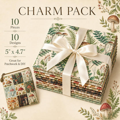 10pcs Charm Pack Set Mushroom Pattern Vintage Style Pattern Handmade DIY with Rich Color and Texture Elements 100% Polyester Patchwork in 10 Design Styles Suitable for Patchwork DIY Craft Projects DIY Wallet Making Gift Giving Bag Making