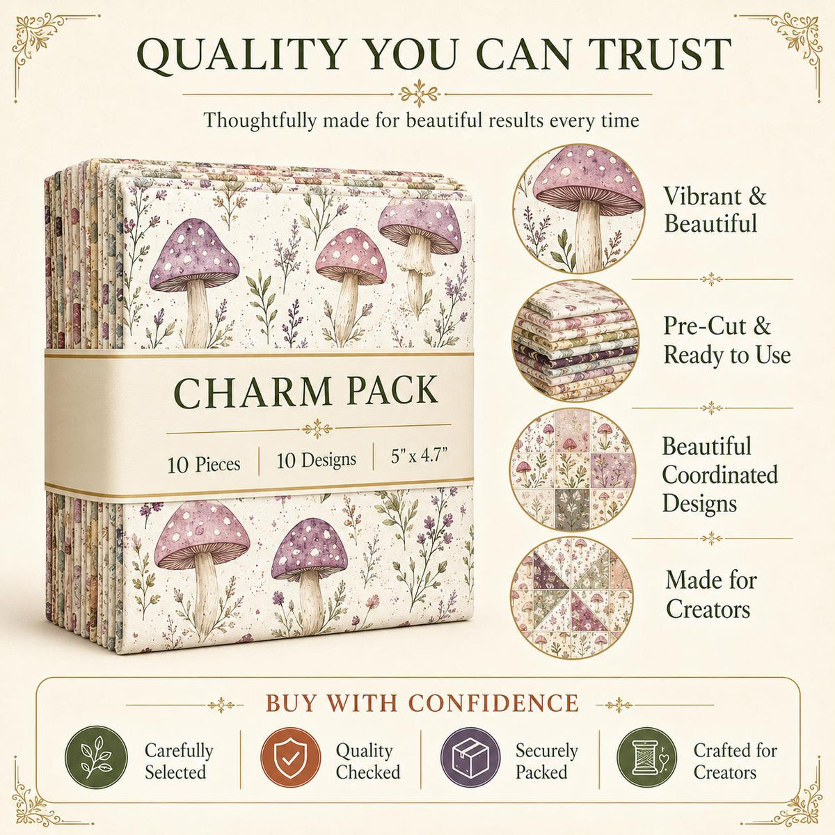 10pcs Charm Pack Set Mushroom Floral Deer Pattern Vintage Style Handmade DIY with Rich Color and Texture Elements 100% Polyester Patchwork in 10 Design Styles Suitable for Patchwork DIY Craft Projects DIY Wallet Making Gift Giving Bag Making Mother's Day