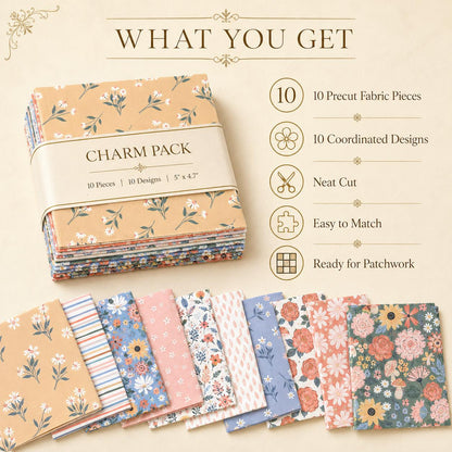 10pcs Charm Pack Set Floral Pattern Vintage Style Handmade DIY with Rich Color and Texture Elements 100% Polyester Patchwork in 10 Design Styles Suitable for Patchwork DIY Craft Projects DIY Wallet Making Gift Giving Bag Making Mother's Day Gift