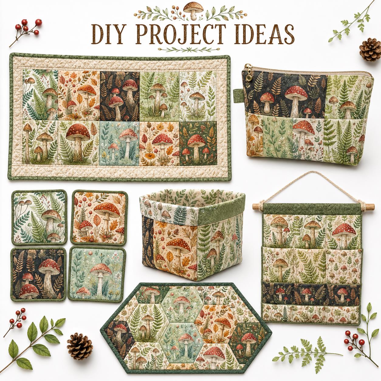 10pcs Charm Pack Set Mushroom Pattern Vintage Style Pattern Handmade DIY with Rich Color and Texture Elements 100% Polyester Patchwork in 10 Design Styles Suitable for Patchwork DIY Craft Projects DIY Wallet Making Gift Giving Bag Making