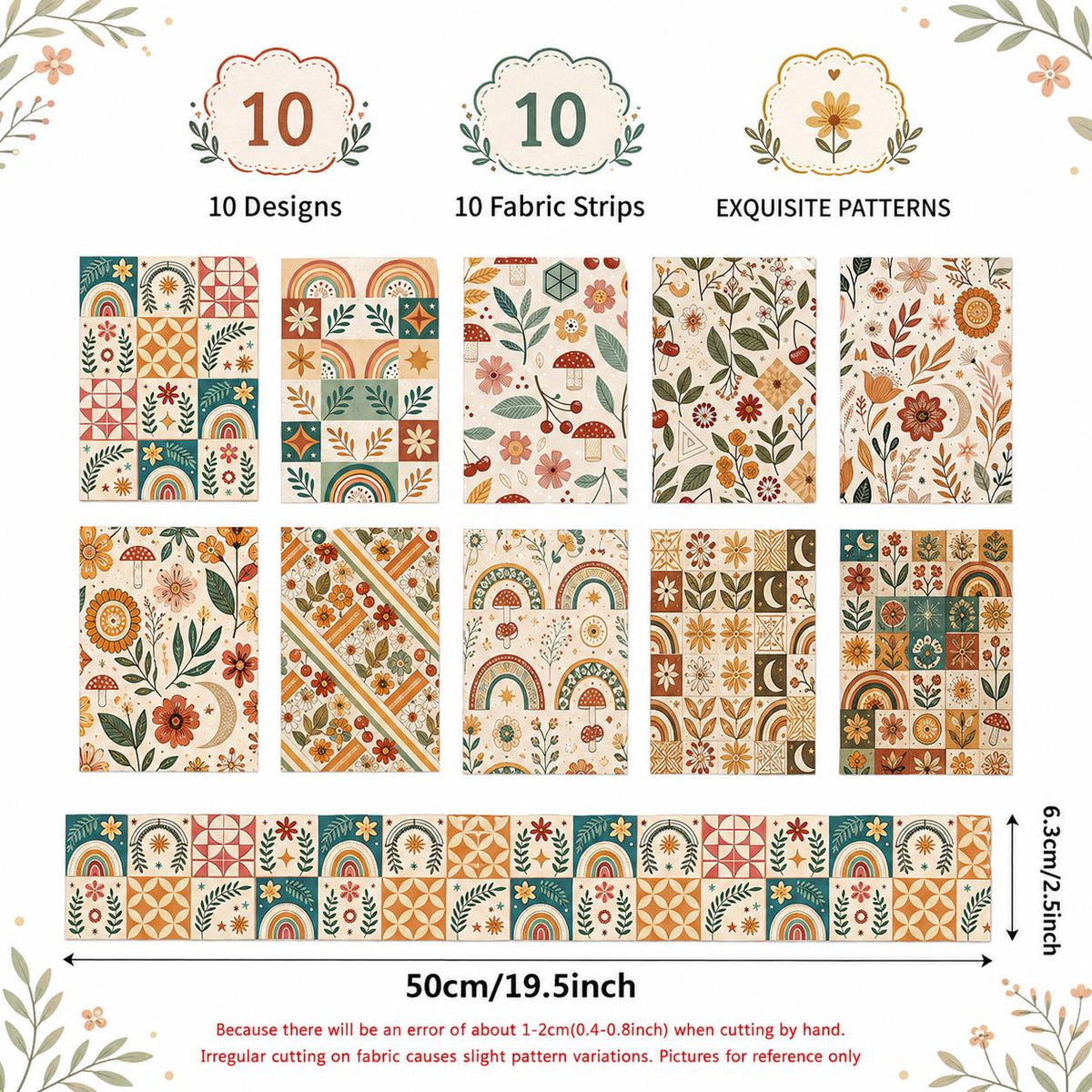 10pcs Vintage Plaid Pumpkin Floral Pattern Jelly Roll Fabric Strips 2.5X19.7inch Pre-Cut 100% Polyester For Patchwork Quilts, Table Runners, Placemats, Tote Bags, Storage Pouches, Makeup Bags, Coasters, Quilt Blocks & Binding