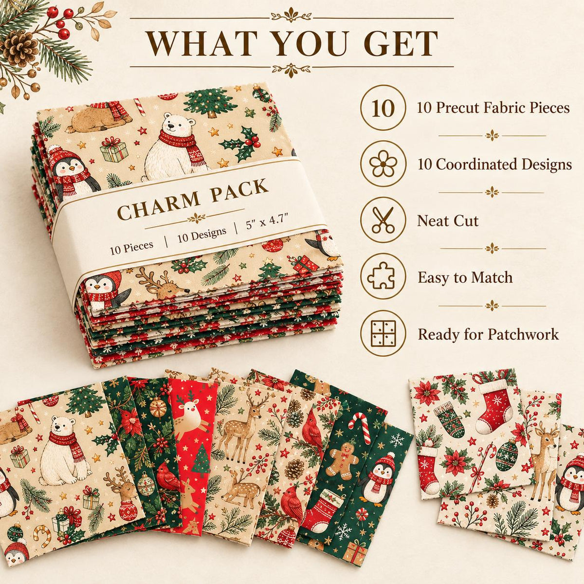 10Pc/Set Christmas Series Flower Bell Star Tree Penguin Bear Holly Crutch Pinecones Northern Cardinal Fat Quarter Fabric, Pre-Cut Square Fabric Assort, Fabric Set, Craft Fabric, Handmade DIY Patchwork Fabric,Home Quilting Sewing Fabric, Packaging Fabric,