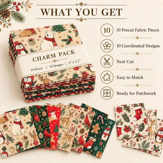 10Pc/Set Christmas Series Flower Bell Star Tree Penguin Bear Holly Crutch Pinecones Northern Cardinal Fat Quarter Fabric, Pre-Cut Square Fabric Assort, Fabric Set, Craft Fabric, Handmade DIY Patchwork Fabric,Home Quilting Sewing Fabric, Packaging Fabric,