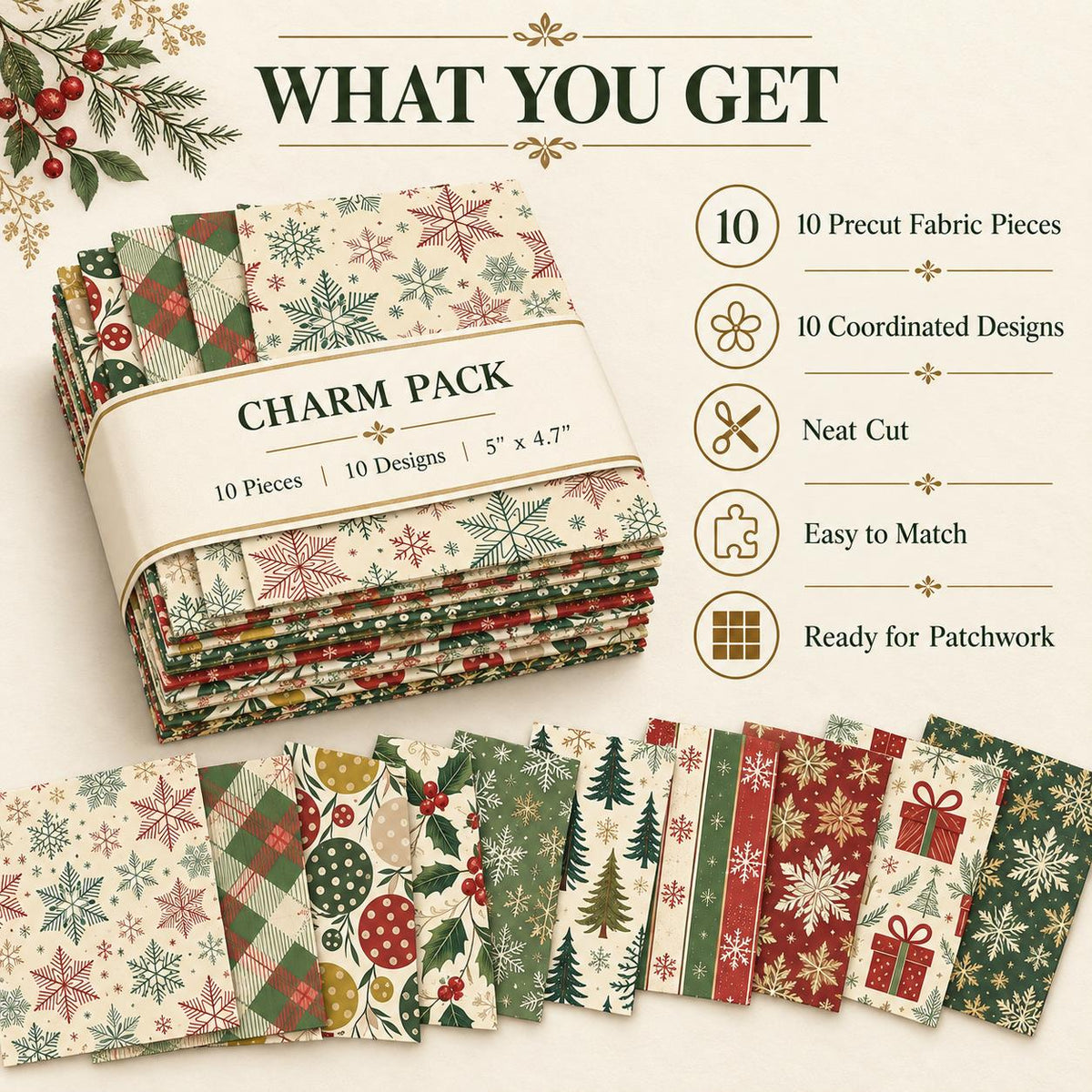 10Pc/Set Christmas Series Stripe Plaid Tree Gift Fat Quarter Fabric, Pre-Cut Square Fabric Assort, Fabric Set, Craft Fabric, Handmade DIY Patchwork Fabric,Home Quilting Sewing Fabric, Packaging Fabric, Scrapbooking Craft Hobbyist