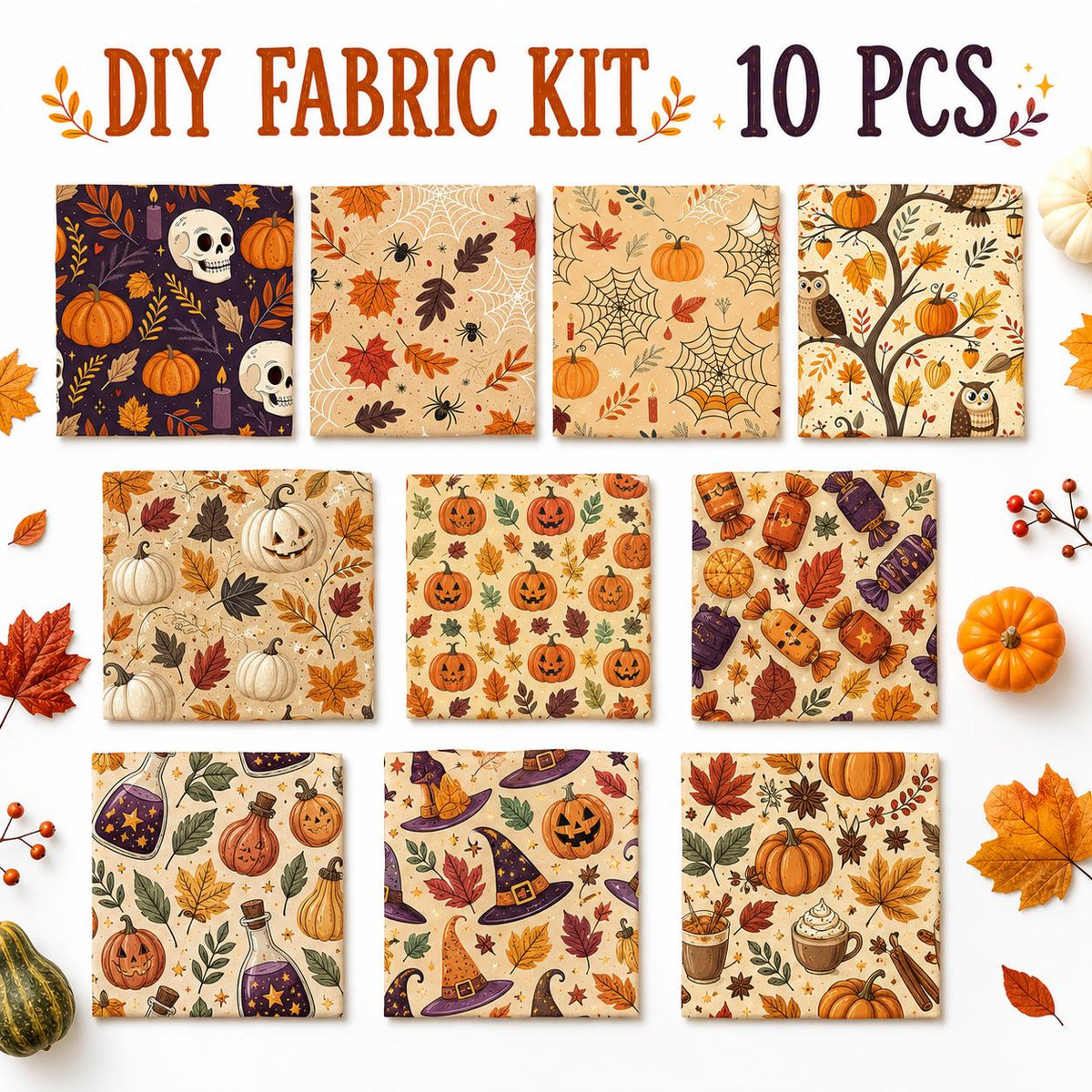 10Pc/Set Halloween Autumn Series Owl Skull Pumpkin Cake Candy Bat Fat Quarter Fabric, Pre-Cut Square Fabric Assort, Fabric Set, Craft Fabric, Handmade DIY Patchwork Fabric,Home Quilting Sewing Fabric, Packaging Fabric, Scrapbooking Craft Hobbyist