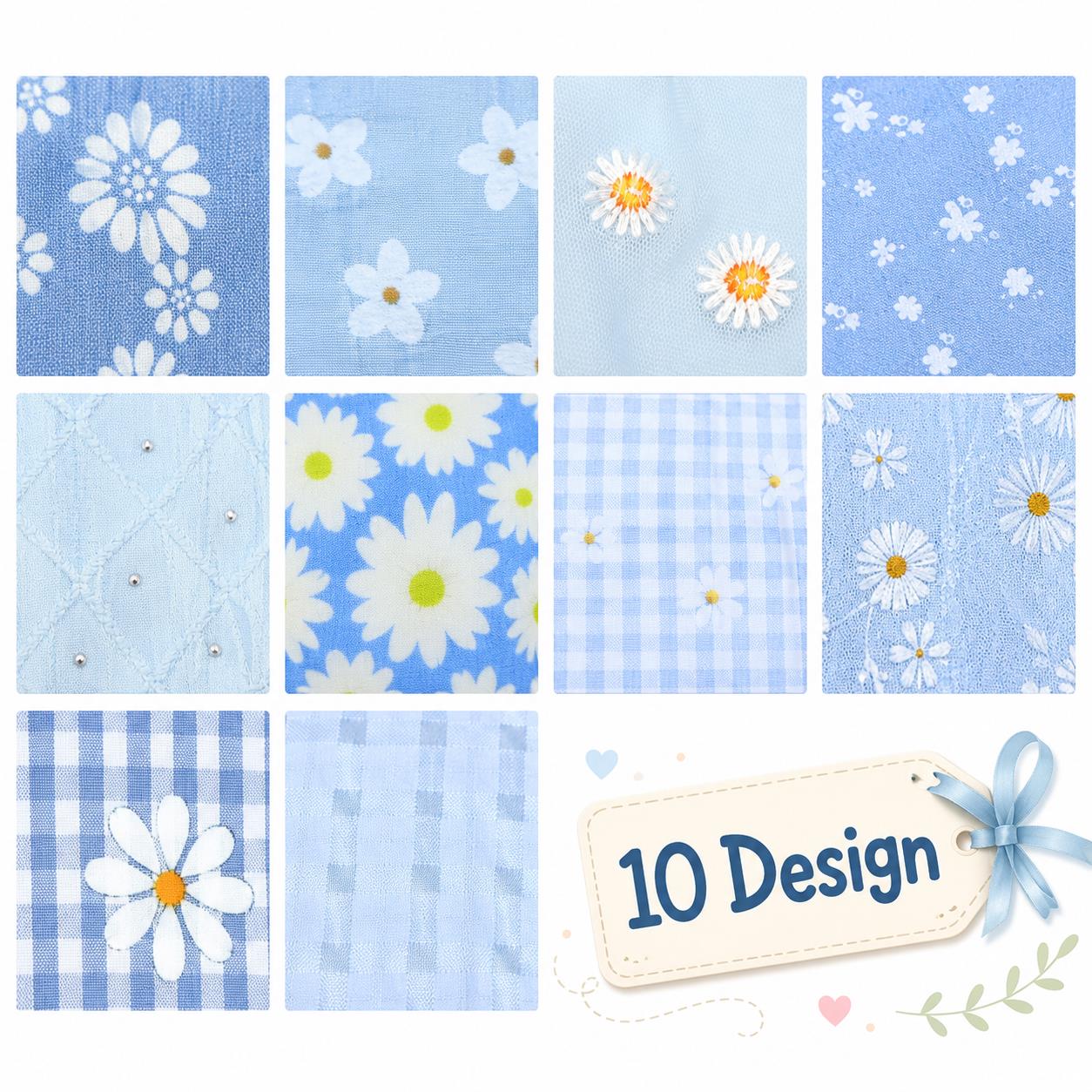 10Pc/Set, Making 10 Images 1pc Each, Each Size: 6.3*50cm Daisy Floral Blue Series Sliced Fabric Set Style Combination, Polyester Jelly Roll Fabric Strips, Pre-Cut Quilting Squares, For Quilting DIY, Handicrafts And Sewing, Blankets, Rugs