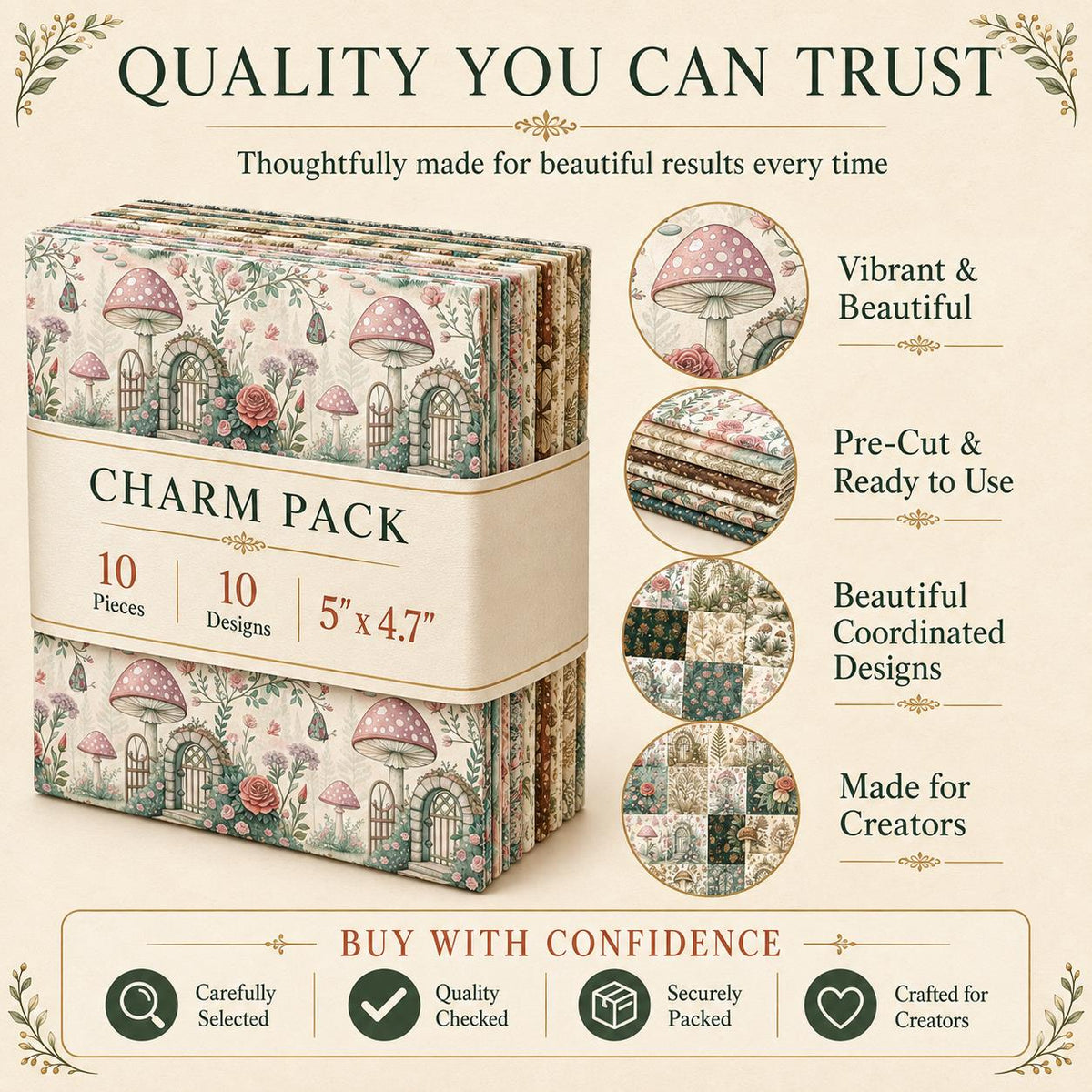 10pcs Charm Pack Set Mushroom Pattern 100% Polyester Patchwork in 10 Design Styles, Ready-to-Sew Without Cutting, Suitable For Patchwork Wallet Making Gift Giving Tote Bags Coasters DIY Craft Projects
