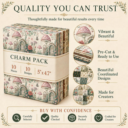 10pcs Charm Pack Set Mushroom Pattern 100% Polyester Patchwork in 10 Design Styles, Ready-to-Sew Without Cutting, Suitable For Patchwork Wallet Making Gift Giving Tote Bags Coasters DIY Craft Projects