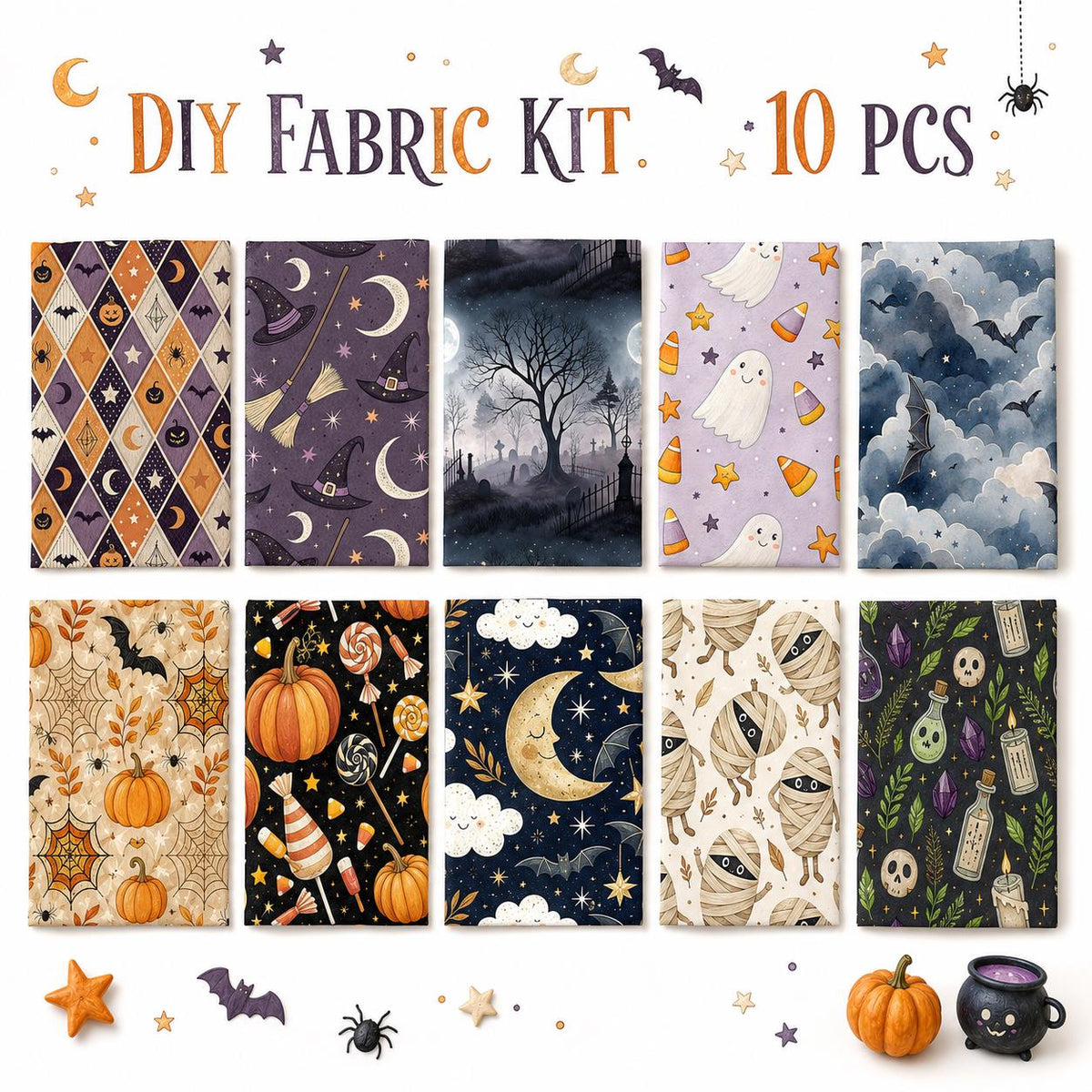 10pcs Charm Pack Set Bat Pumpkin Moon Halloween Vintage Style Pattern Handmade DIY with Rich Color and Texture Elements 100% Polyester Patchwork in 10 Design Styles Suitable for Patchwork DIY Craft Projects DIY Wallet Making Gift Giving Bag Making