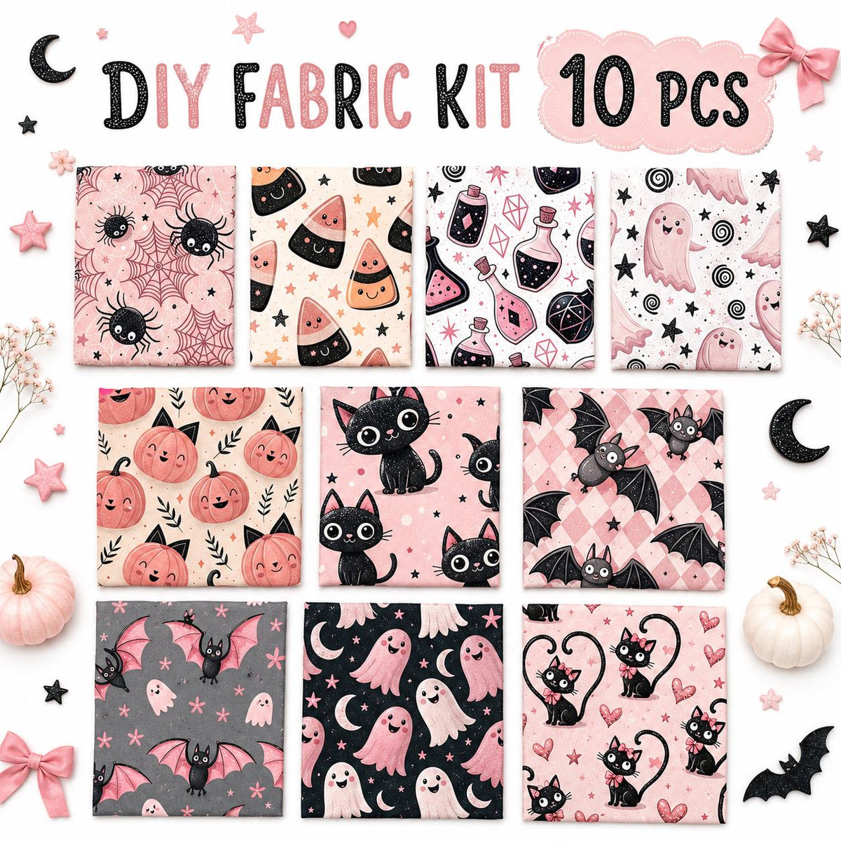 10pcs Charm Pack Set  Bat Ghost Cat Pumpkin Halloween Vintage Style Pattern Handmade DIY with Rich Color and Texture Elements 100% Polyester Patchwork in 10 Design Styles Suitable for Patchwork DIY Craft Projects DIY Wallet Making Gift Giving Bag Making