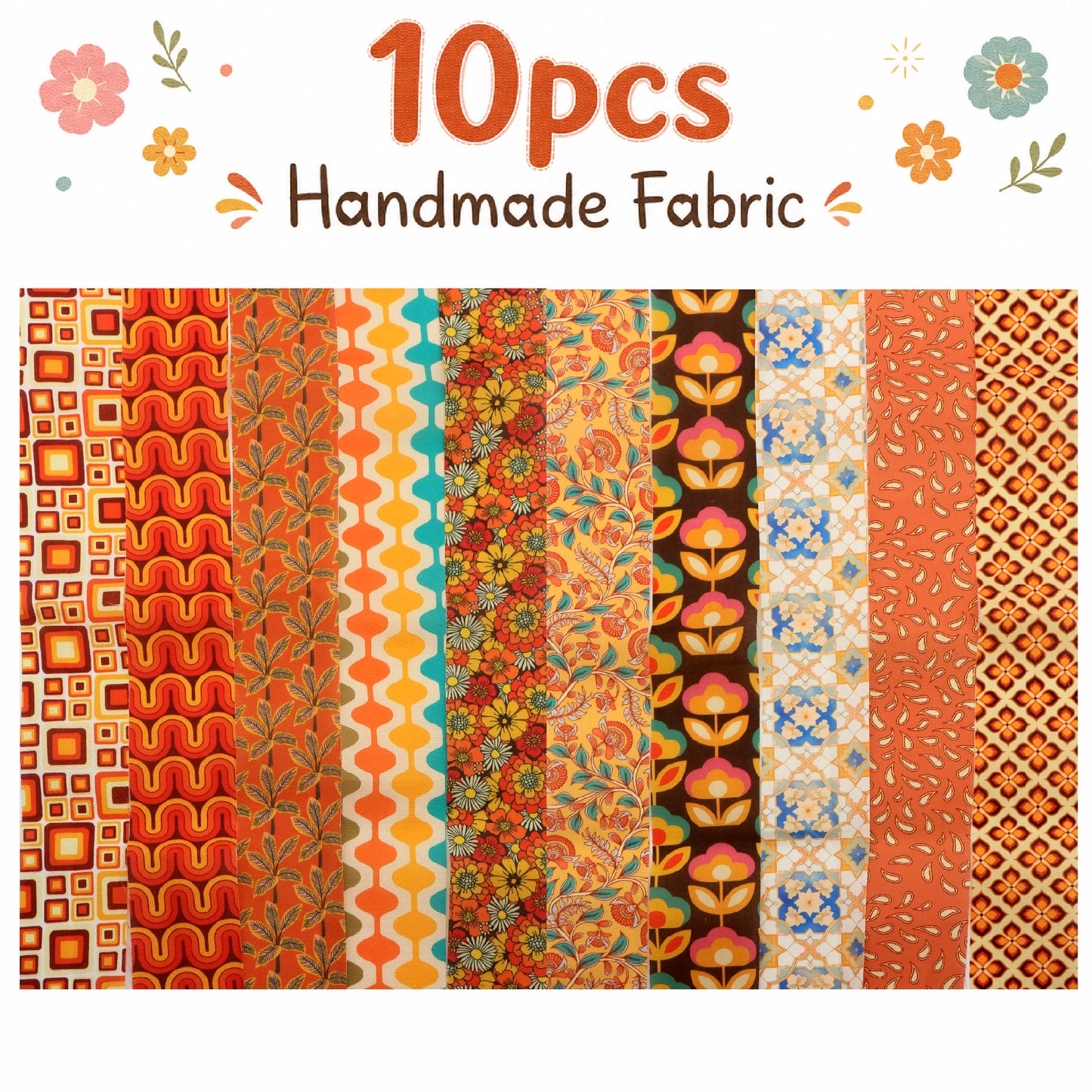 10pcs Vintage Floral Orange Pattern Jelly Roll Fabric Strips 2.5X19.7inch Pre-cut 100% Polyester for Patchwork Quilts, Table Runners, Placemats, Tote Bags, Storage Pouches, Makeup Bags, Coasters, Quilt Blocks & Binding