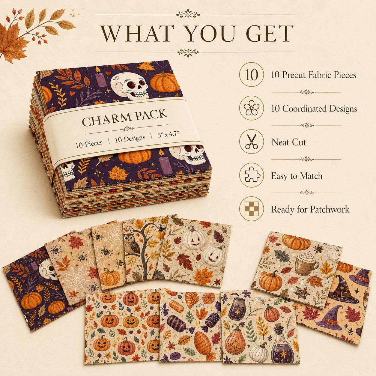 10Pc/Set Halloween Autumn Series Owl Skull Pumpkin Cake Candy Bat Fat Quarter Fabric, Pre-Cut Square Fabric Assort, Fabric Set, Craft Fabric, Handmade DIY Patchwork Fabric,Home Quilting Sewing Fabric, Packaging Fabric, Scrapbooking Craft Hobbyist